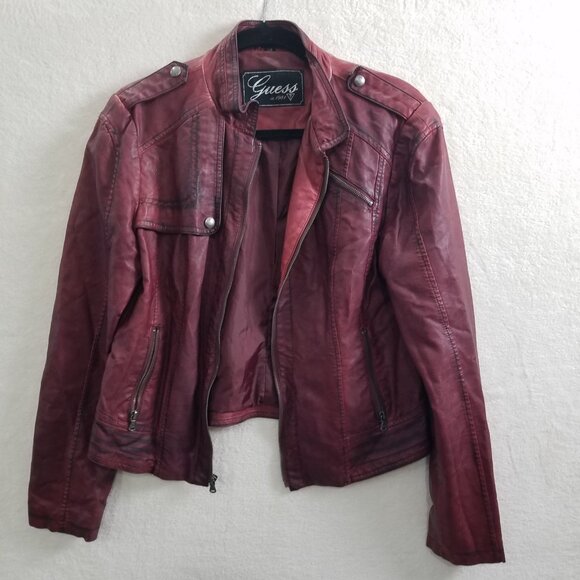Guess Burgundy Faux Leather Bomber Jacket multi-pocket light weight Womens L - Picture 1 of 16